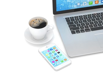 Laptop smartphone and coffee cup