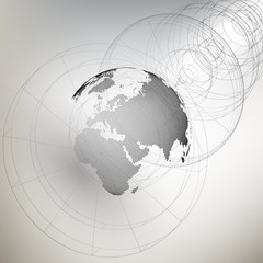 Three-dimensional dotted world globe with abstract construction on gray background, vector illustration