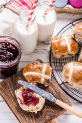 Easter breakfast with cross bun and jam