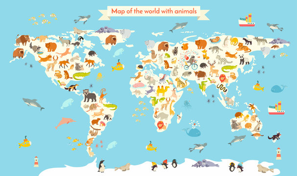 Animals world map. Colorful cartoon vector illustration for children and kids. Preschool, education, baby, continents, oceans, drawn, Earth