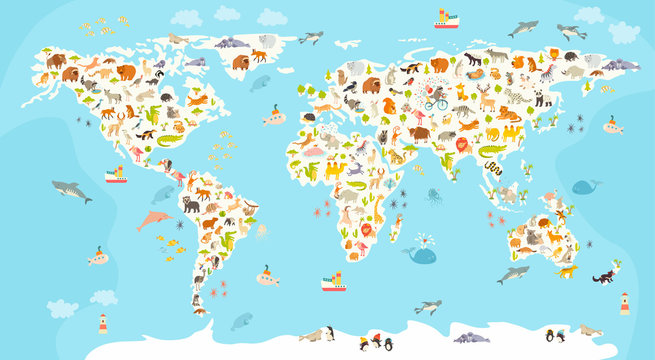 World mammal map. Beautiful cheerful colorful vector illustration for children and kids. Preschool, baby, continents, oceans, drawn, Earth