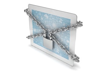 tablet PC with chains and lock isolated on white background