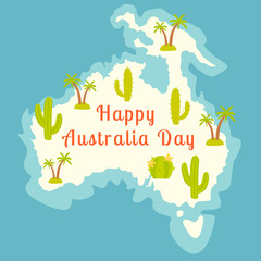 Australia Day. Contour maps in the background of the ocean with cactus and palm. Vector Illustration