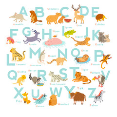Obraz premium Cute vector zoo alphabet. Funny cartoon animals. Vector Illustration EPS10 isolated on white background. Letters. Learn to read