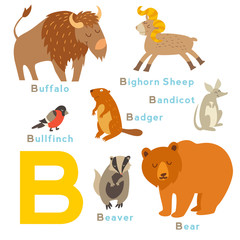 B letter animals set. English alphabet. Vector illustration, isolated on white background