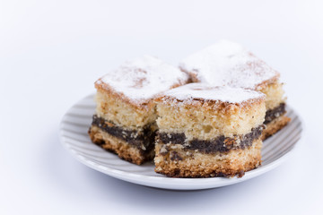 Poppy seed cakes on the plate over white background