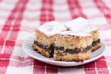 Cakes with poppy seed on the red and white tablecloth