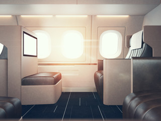 Photo of luxury airplane interior. Blank digital panel holding. Horizontal mockup. 3d render
