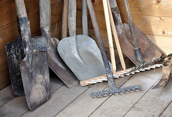 shovel, spade, rake, garden tools