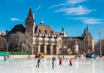 People are skating in front of Vajdahunyad castle in Budapest, Hungary.