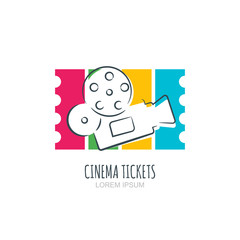 Cinema ticket flat illustration. Vector logo, icon, label design elements. Camcorder silhouette and colorful striped ticket on background. Retro movie projector hand drawn sketch.

