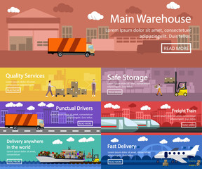 Logistic and transportation concept flat banners. Vector set of truck, ship, train, air transport delivery, shipping