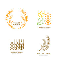 Set of organic wheat grain outline icons. Vector logo design elements. Cereals linear illustration. Concept for organic products label, harvest and farming, grain, bakery, healthy food. - 104105539
