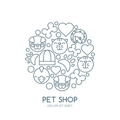 Linear illustration of cute muzzle of cat, dog, bird, snake.