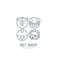 Vector outline illustration of dog head, cat muzzle, bird and snake. Logo, icons set or label design elements. Trendy concept for pet shop, pets care and grooming, veterinary. 