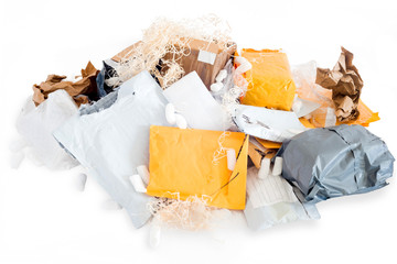 Pile of used and tore postal packages symbolizes a waste pollution problem