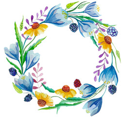 Hand drawing watercolor wreath. Colorful floral collection with leaves and flowers. Wedding, birthday, celebration card element.