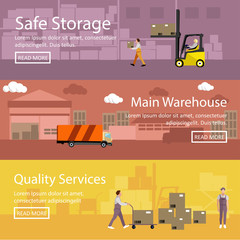 Logistic and delivery service concept banner. Warehouse interior. Vector illustration in flat style design