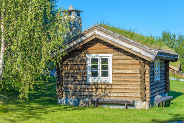 Scandinavian log cabin with grass on the roof
