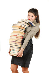 Girl with books isolated on white background.