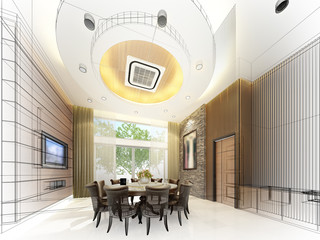 abstract sketch design of interior dining ,3d