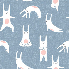 rabbits doing yoga poses. Seamless pattern in vector.