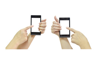 Female hand holding modern smart phone with white screen on white background