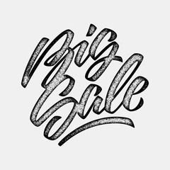 Black Big Sale handmade lettering, graffiti style italic calligraphy with film grain, noise, dotwork, grunge texture for logo, design concepts, banners, labels, prints, posters. Vector illustration.