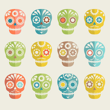 colorful patterned skull set, Mexican day of the dead 