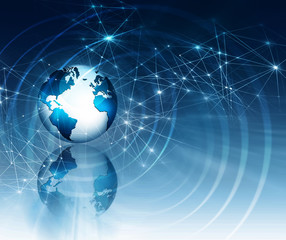 Best Internet Concept of global business. Globe, glowing lines on technological background. Electronics, Wi-Fi, rays, symbols Internet, television, mobile and satellite communications
