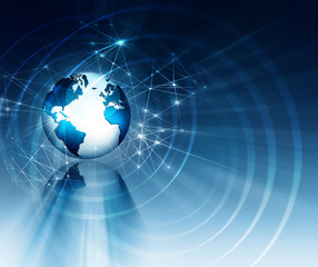 Best Internet Concept of global business. Globe, glowing lines on technological background. Electronics, Wi-Fi, rays, symbols Internet, television, mobile and satellite communications