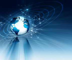 Best Internet Concept of global business. Globe, glowing lines on technological background. Electronics, Wi-Fi, rays, symbols Internet, television, mobile and satellite communications
