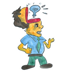 man in blue shirt idea bulb cartoon watercolor isolated