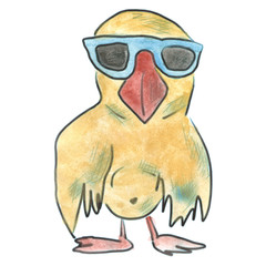 yellow bird with glasses cartoon watercolor isolated