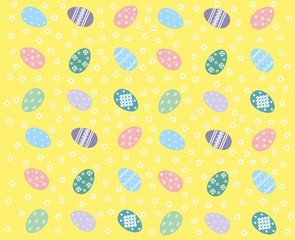 colorful background with dancing Easter eggs and spring flowers