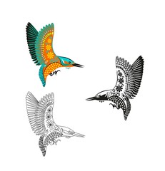 Kingfisher. Blue flying bird. Cartoon image. Different variants.