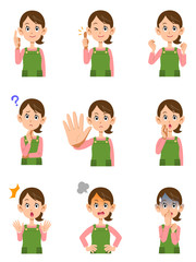 エプロンをつけた女性の様々な表情