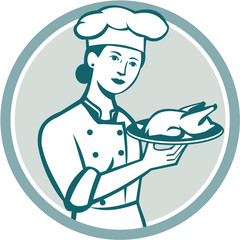 Female Chef Serving Chicken Roast Circle Retro