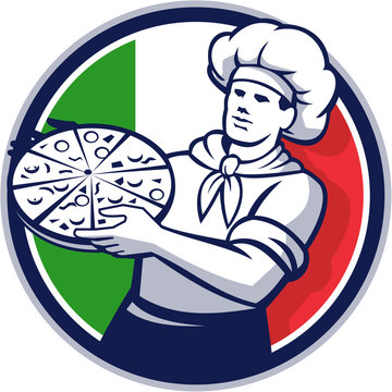 Pizza Chef Holding Pizza Italy Flag Circle Retro