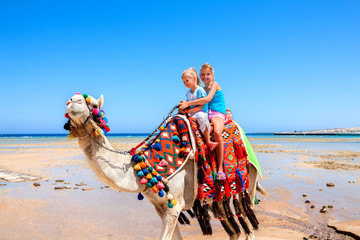 Tourists two sisters children riding camel  on beach of  Egypt on blue sky background.
