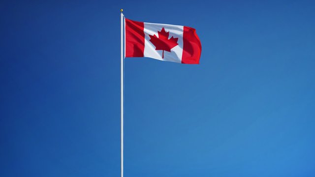 Canada flag waving in slow motion against blue sky, seamlessly looped, long shot, isolated on alpha channel with black and white luminance matte, perfect for film, news, digital composition