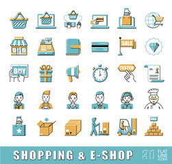 Set of e-commerce icons. Various shopping icons. Flat line premium quality elements. Can be applied for websites for online shopping.