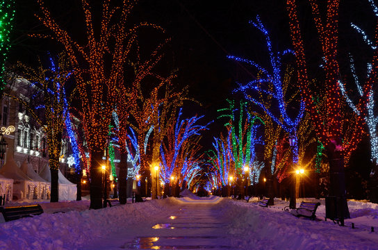 Winter night on Primorskii Boulevard decorated with garlands,Odessa