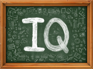 IQ - Intelligence Quotient - Concept. Line Style Illustration. IQ - Intelligence Quotient -Handwritten on Green Chalkboard with Doodle Icons Around. Doodle Design Style of  IQ- Intelligence Quotient. - obrazy, fototapety, plakaty