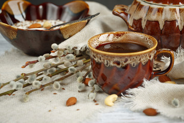 Healthy breakfast. Cup of green tea, cottage cheese plus oat fla