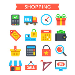 Shopping icons set. Shopping, online commerce, retail, ecommerce, internet marketing. Flat vector icons set