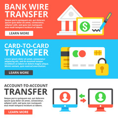 Bank wire transfer, card to card transfer, account to account transfer flat illustration