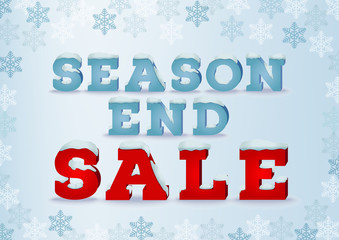 End of season sale inscription design template in 3d style on blue background with snowflakes. Winter outlet, clearance,  total sale concept. Snow cap text effect.  EPS 10 vector illustration