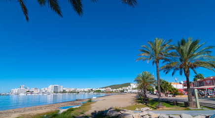 Mid morning sun, walk along beach near the city.  Rows of palm trees line the beach, sunny day along water's edge in Ibiza, St Antoni de Portmany Balearic Islands, Spain.