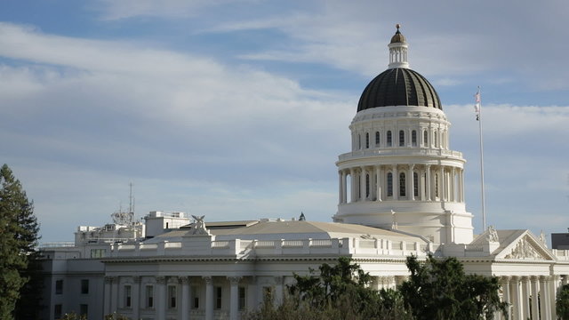 Pan right on the state capitol building in Sacramento, California.